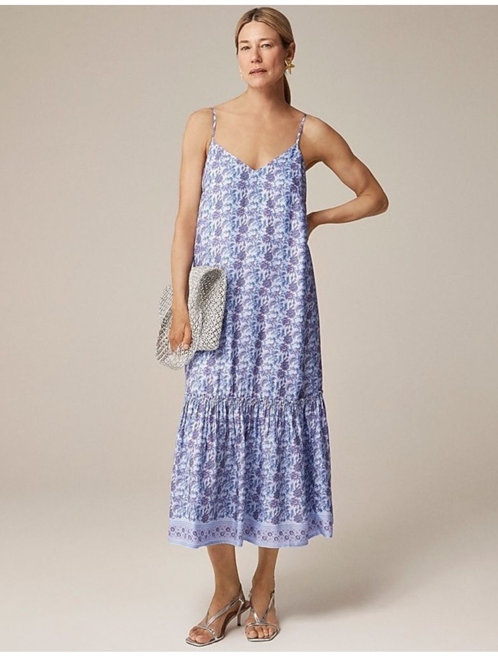 NWT J. Crew Tiered Tie-Waist Dress In Dusty Periwinkle Block Print